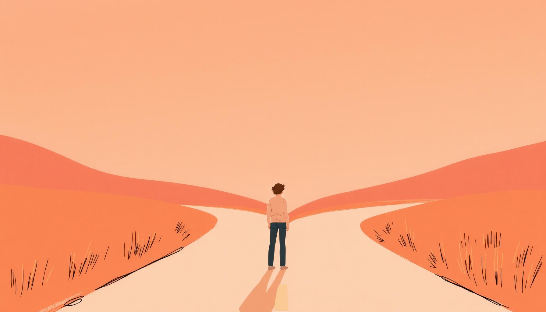 Person standing at crossroads choosing between two diverging paths in warm coral tones